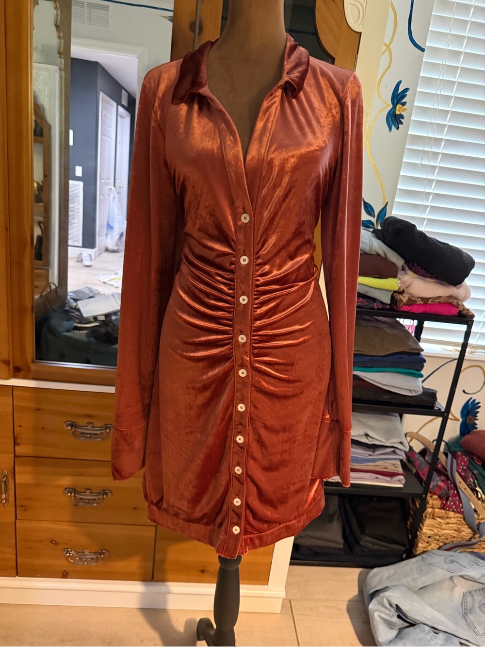Free People Rust Button-Front Ruched Mini Dress